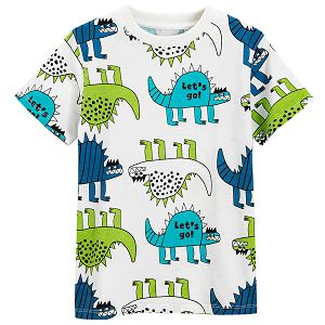 White short sleeve T-shirt with green and blue dinosaurs print