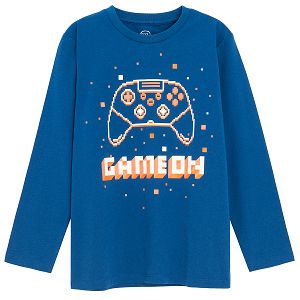 Blue long sleeve blouse with GAME ON print