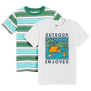 White T-shirt with Outdoors print and green stripes T-shirt- 2 pack