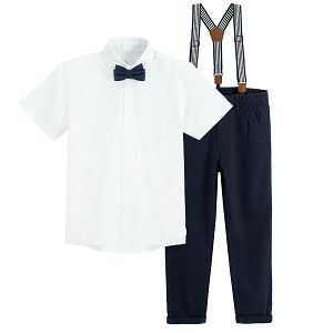 סט ביגוד - חולצה לבנה מכופתרת עם שרוולים קצרים ופפיון כחול, מכנס כחול עם שלייקס