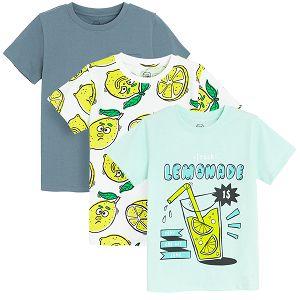 White, light blue and blue T-shirts with lemonade print- 3 pack