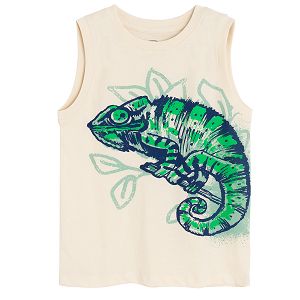 Beige sleeveless T-shirt with lizard print