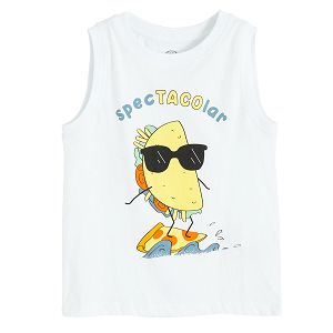 White sleeveless T-shirt with tacos on pizza surf board