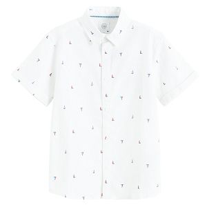 White short sleeve button down shirt with small boats print