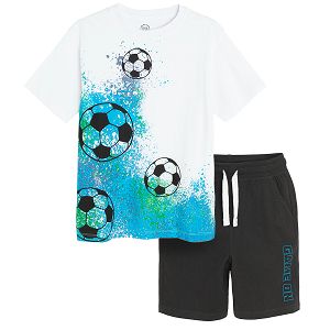 White T-shirt with football print andblack shorts set- 2 pieces