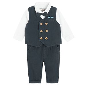 White long sleeve button down bodysuit with bow tie and blue pants and vest set- 3 pieces