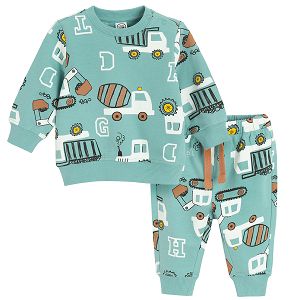 Green with trucks print sweats - 2 pieces