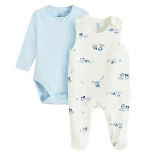 Blue long sleeve bodysuit and sleeveless footed overall- 2 pack