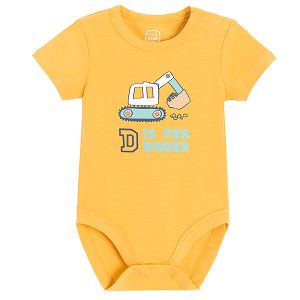 Yellow short sleeve bodysuit with truck and D for bigger print