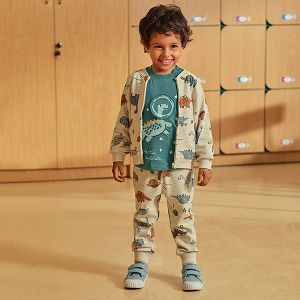 Ecru jogging pants with dinosaurs and planets print