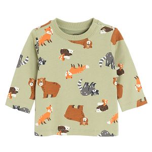 Green long sleeve blouse with forest animals print