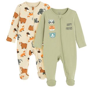 Green and ecru overalls with forest animals print and size zipper- 2 pack