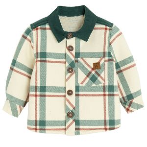 Ecru and green checked long sleeve shirt