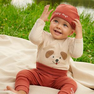 Light grey long sleeve bodysuit with dog print, brown footless jogging pants and beanie set- 3 pieces