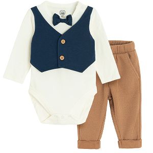 Checked long sleeve bodysuit with brown pants set - 2 pieces