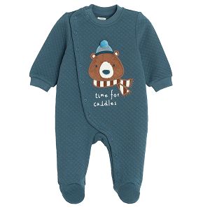 Blue quilted overall footed outfir with festive bear amd side buttons