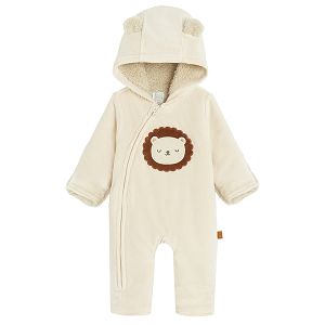 Ecru footless hooded overall outfit with lion print