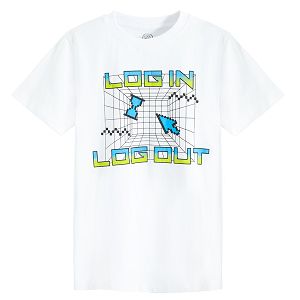 White T-shirt with Log In - Log Out print