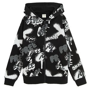 Black zip through sweatshirt with graffiti print