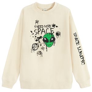 White sweatshirt with I NEED MORE SPACE print