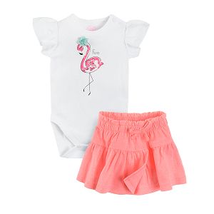 Short sleeve bodysuit with flamingo print and skirt clothing set