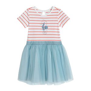 Orange and white stripes short sleeve dress with sea horse print and tutu skirt