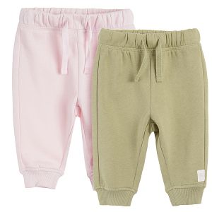 Khaki and pink with cord and elastic ankle jogging pants 2 pack
