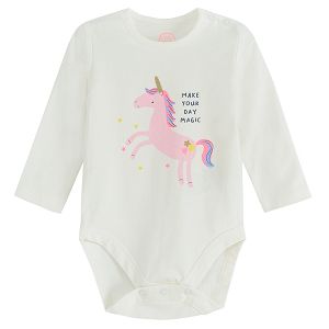 White long sleeve bodysuit with unicorn print