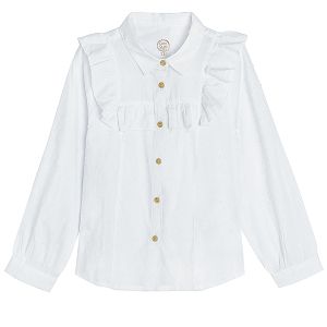 White long sleeve button down shirt with ruffle