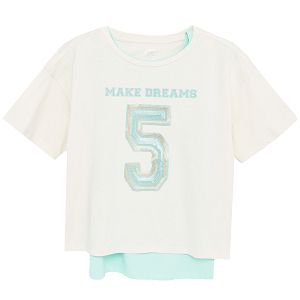 White and green two piece short sleeve blouse with Make dreams print