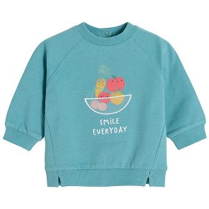 Blue long sleeve overhead sweatshirt with bowl of fruit print