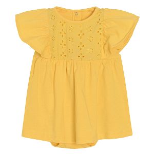 Yellow sleeveless dress/bodysuit with ruffle on the shoulder and embroidered top