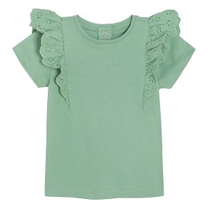 Olive short sleeve T-shirt with embroidered ruffle