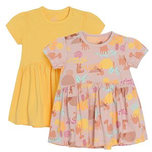 Little brown with camels and yellow short sleeve dresses - 2 pack