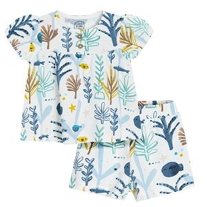 White short sleeve T-shirt and shorts with sea world print set