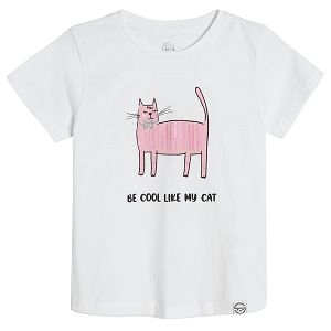 White short sleeve T-shirt with cat print