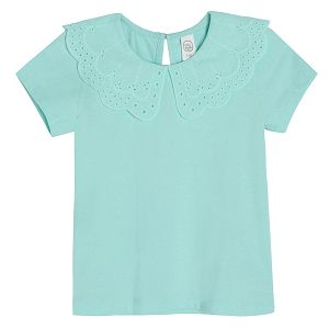 Turquoise short sleeve blouse with embroidered collar