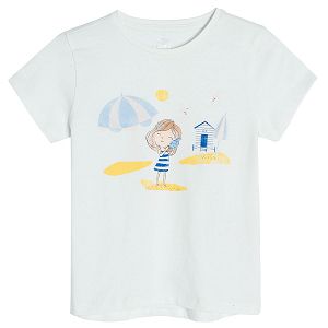 White short sleeve T-shirt with girl on the beach print