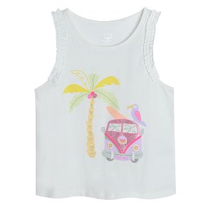 White sleeveless T-shirt with truck parrot palm tree print