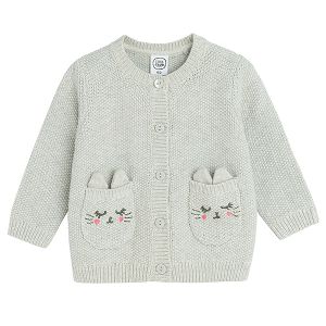 Grey button down cardigan with kittens embroidered on the side pockets