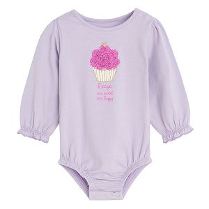 Purple long sleeve bodysuit with cupcake print