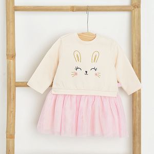 White top with bunny face print and pink tulle skirt long sleeve dress