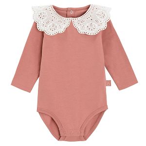 Pink long sleeve bodysuit with white collar