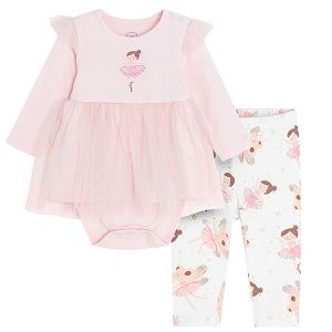 Pink long sleeve bodysuit with a skirt and leggings with ballerinas print set