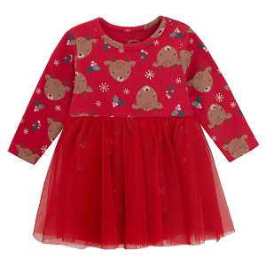 Red long sleeve dress bodysuit with raindeer festive print