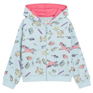 Light blue hooded zip through seatshirt with various print