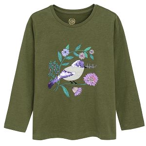 Green long sleeve blouse with bird print