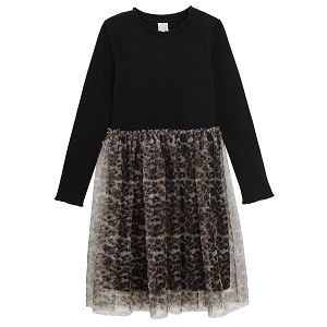 Long sleeve dress with animal print skirt and black blouse