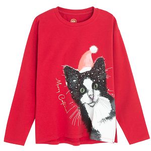 Red long sleeve blouse with cat and Christmas hat print