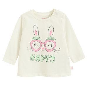White long sleeve blouse with bunny with glasses and HAPPY print